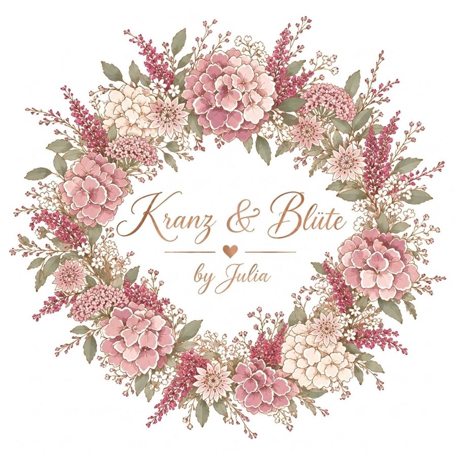 Logo Kranz & Blüte by Julia: ein Kranz aus Hortensien, Heide und Sterndolden um den Schriftzug